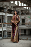 Qasab Maroon Malacca Silk German Velvet Thoub with Stone Embroidery
