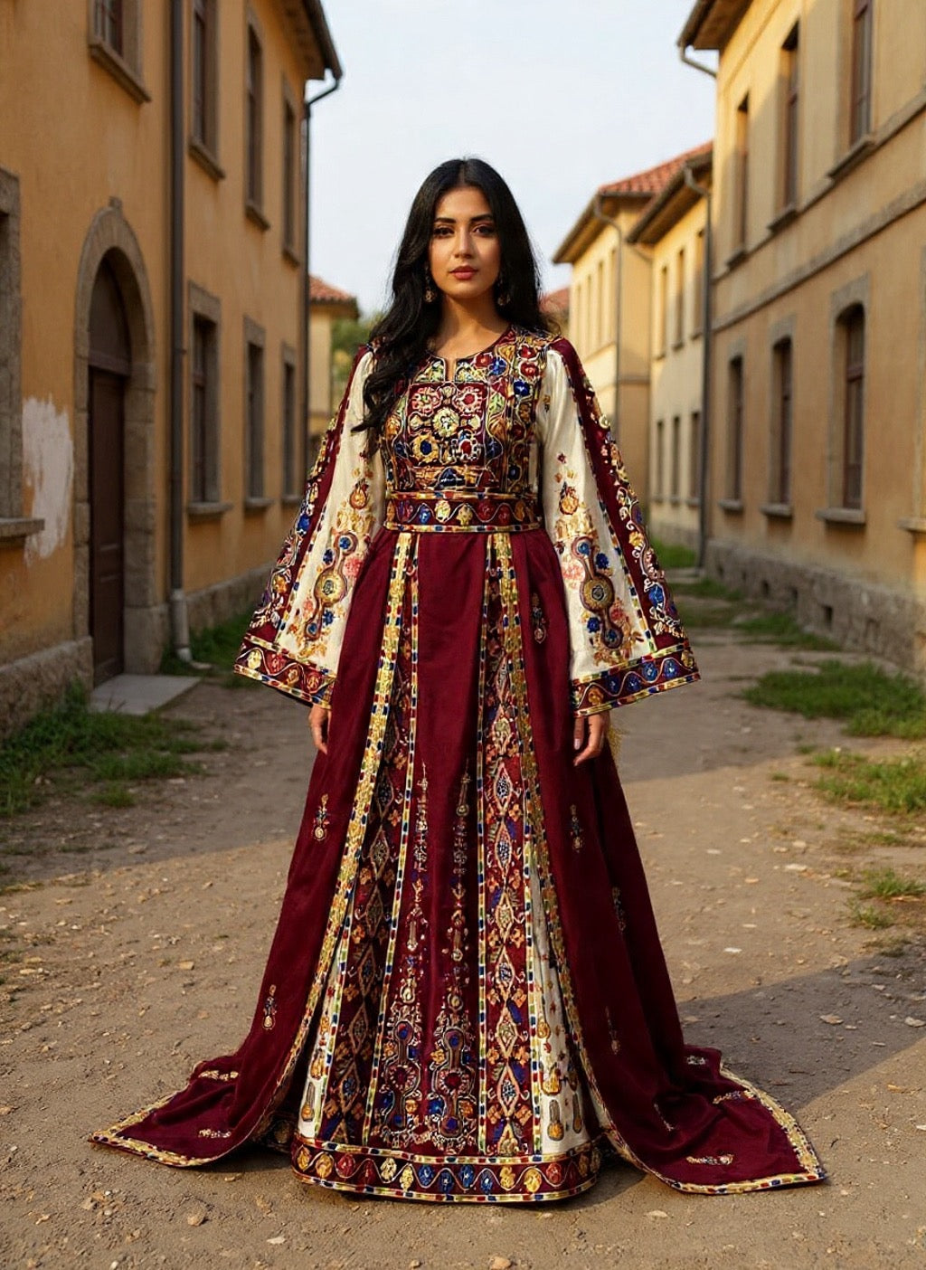 Maroon Malacca Silk Velvet Thoub with Stone Embroidery and Overskirt