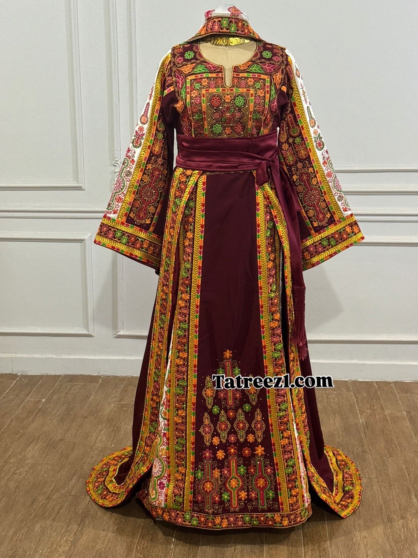 Burgundy Malacca Silk Thoub with Stone Embroidery and Overskirt