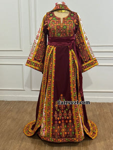 Burgundy Malacca Silk Thoub with Stone Embroidery and Overskirt