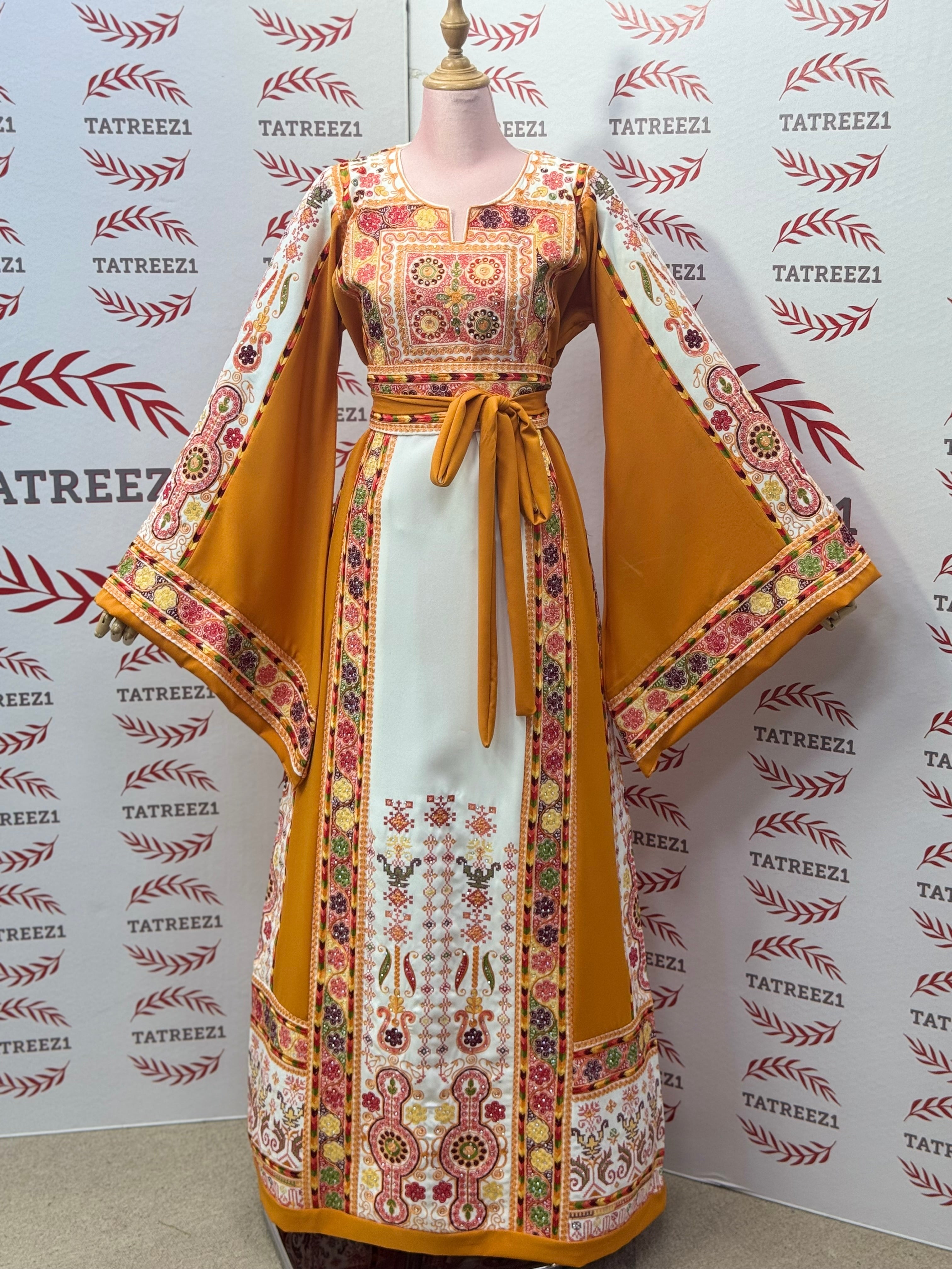 Yellow & White  Palestinian Tatreez Thobe Heritage Elegance Embroidered Dress