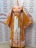 Load image into Gallery viewer, Yellow &amp; White  Palestinian Tatreez Thobe Heritage Elegance Embroidered Dress

