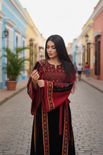 Load image into Gallery viewer, Velvet Simply Elegant Wide Sleeve Thoub Red Embroidered Palestinian Thobe
