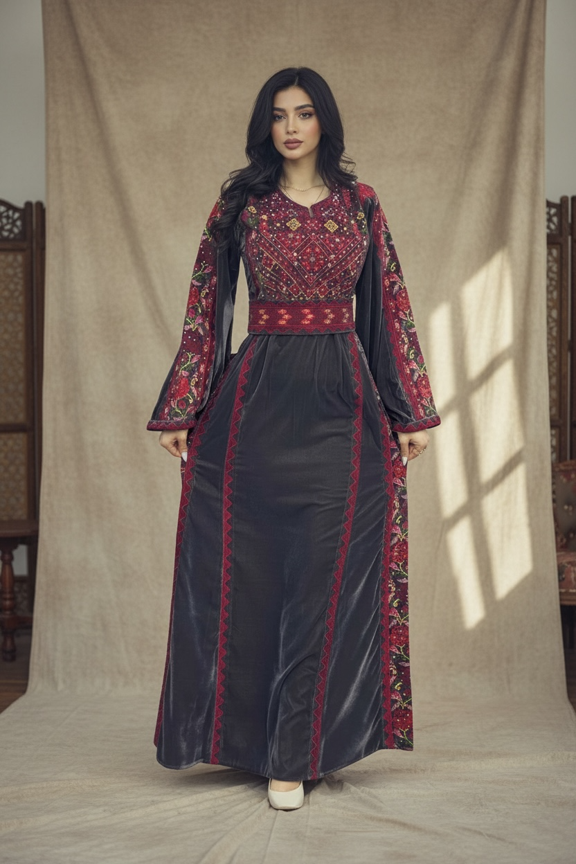 Velvet Gray Simple Elegant Embroidered Dress