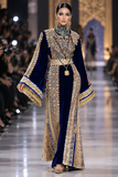 Blue Velvet Embroidery Thoub with Dangling Beads