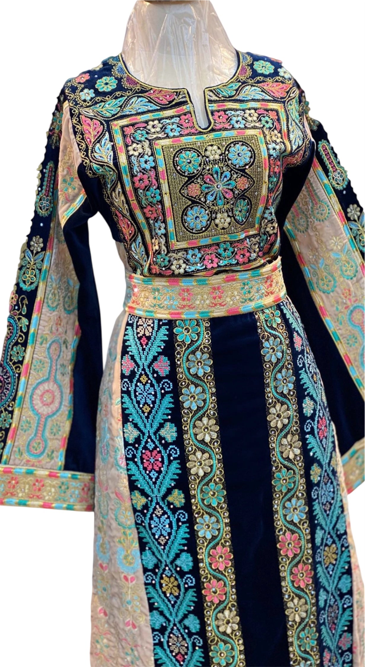 German velvet  Multicolored Gorgeous Palstainen Embroidery Traditional Long Thoub