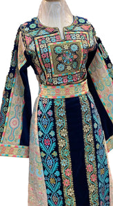 German velvet  Multicolored Gorgeous Palstainen Embroidery Traditional Long Thoub