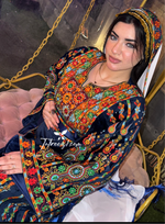Load image into Gallery viewer, Blue Silk Light Velvet Traditional Embroidered Thoub With Matching Headpiece
