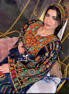 Blue Silk Light Velvet Traditional Embroidered Thoub With Matching Headpiece