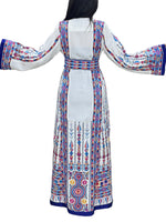 Charger l&#39;image dans la galerie, White &amp; Blue Embroidered Palestinian Thobe With Reversible Belt
