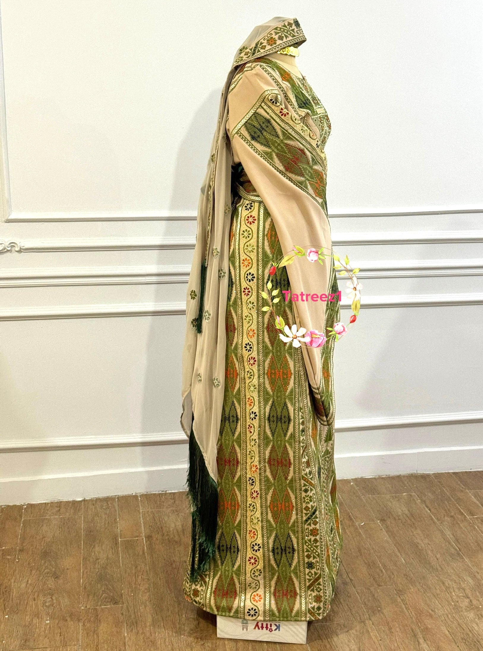 Green Embroidery Traditional Palestinian Beige Thobe Machine Made with Matching Head Scarf