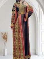 Load image into Gallery viewer, Majdalway Black With Orange Embroidered Palestinian Fellahi Thobe
