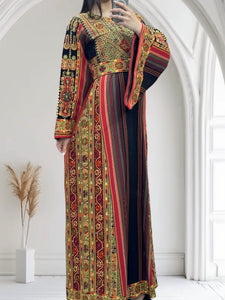 Majdalway Black With Orange Embroidered Palestinian Fellahi Thobe