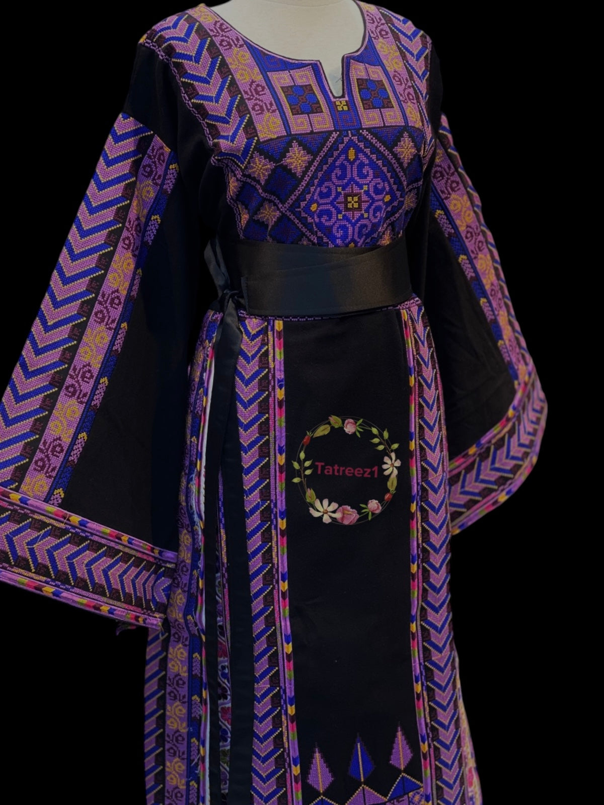 Black Etameen Purple Embroidered Palestinian Fellahi Thobe With Kashmir belt