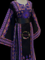 Load image into Gallery viewer, Black Etameen Purple Embroidered Palestinian Fellahi Thobe With Kashmir belt
