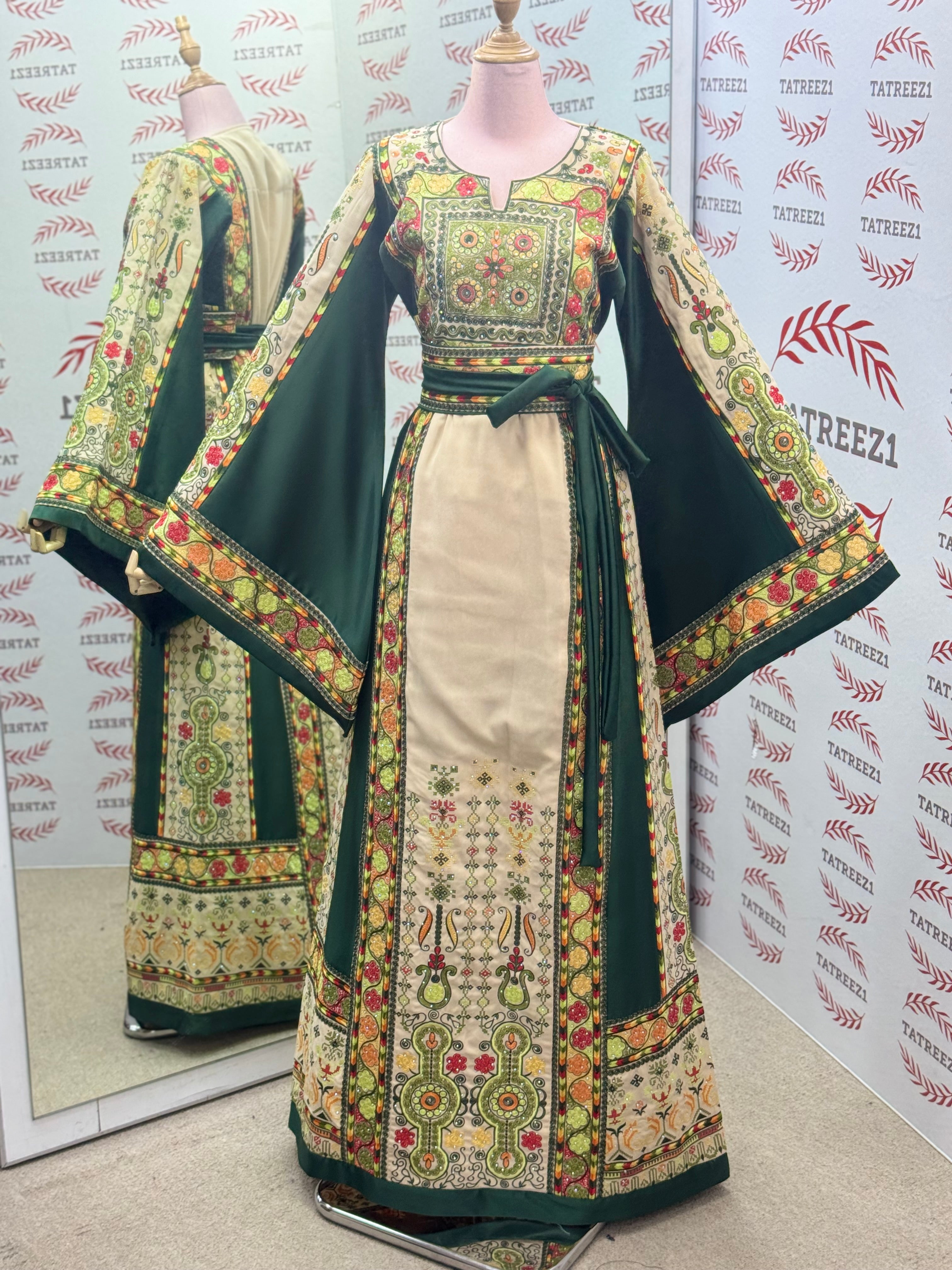 The Green & Cream Palestinian Tatreez Thobe Heritage Elegance Embroidered Dress