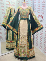 Load image into Gallery viewer, The Green &amp; Cream Palestinian Tatreez Thobe Heritage Elegance Embroidered Dress
