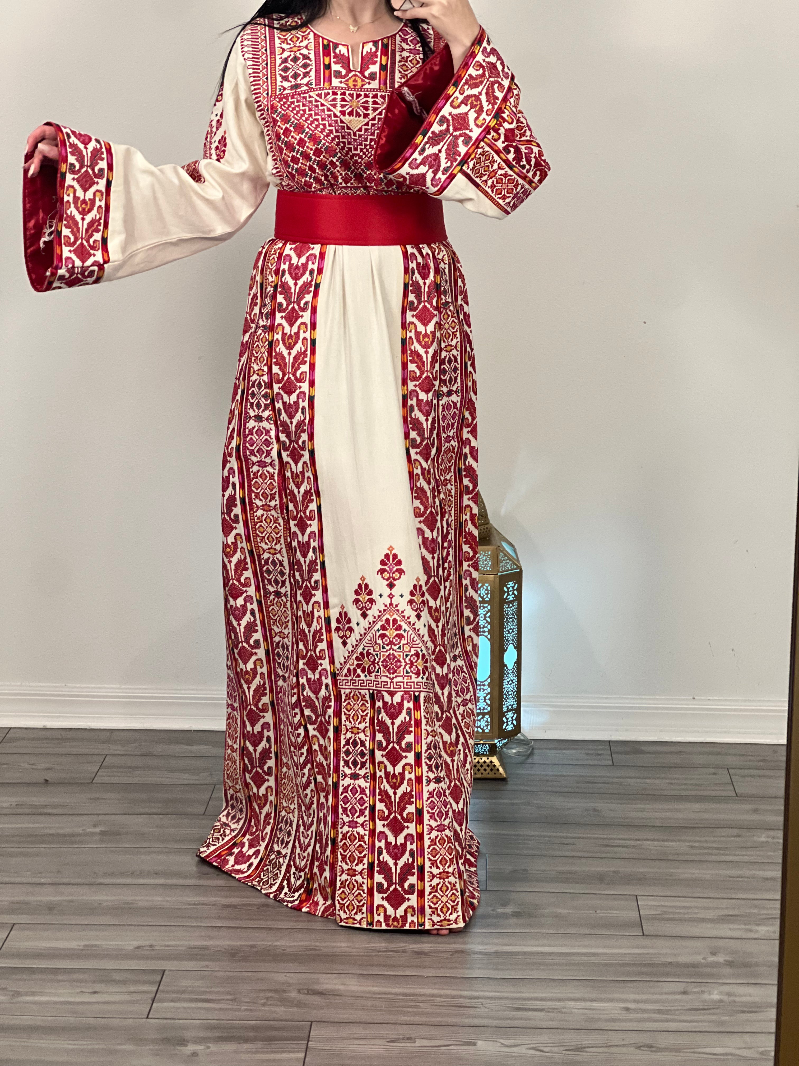 Etameen Beige Shade Traditional Maroon Embroidered Palestinian Fellahi Thobe