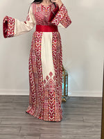 Load image into Gallery viewer, Etameen Beige Shade Traditional Maroon Embroidered Palestinian Fellahi Thobe
