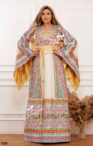 Gorgeous Beige shade, Palestinian Embroidery Traditional Long Thoub come with headpiece and Reversible belt