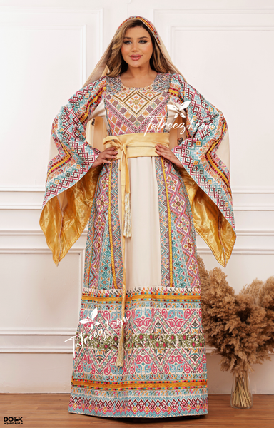 Gorgeous Beige shade, Palestinian Embroidery Traditional Long Thoub co Tatreez1 Gorgeous Beige shade, Palestinian Embroidery Traditional Long Thoub co Tatreez1
