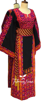 Charger l&#39;image dans la galerie, Black Etameen Traditional Multicolored Embroidery Palestinian Fellahi Thobe
