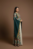 Green Floral Embroidered Palestinian Beige Thobe with Wide Sleeve