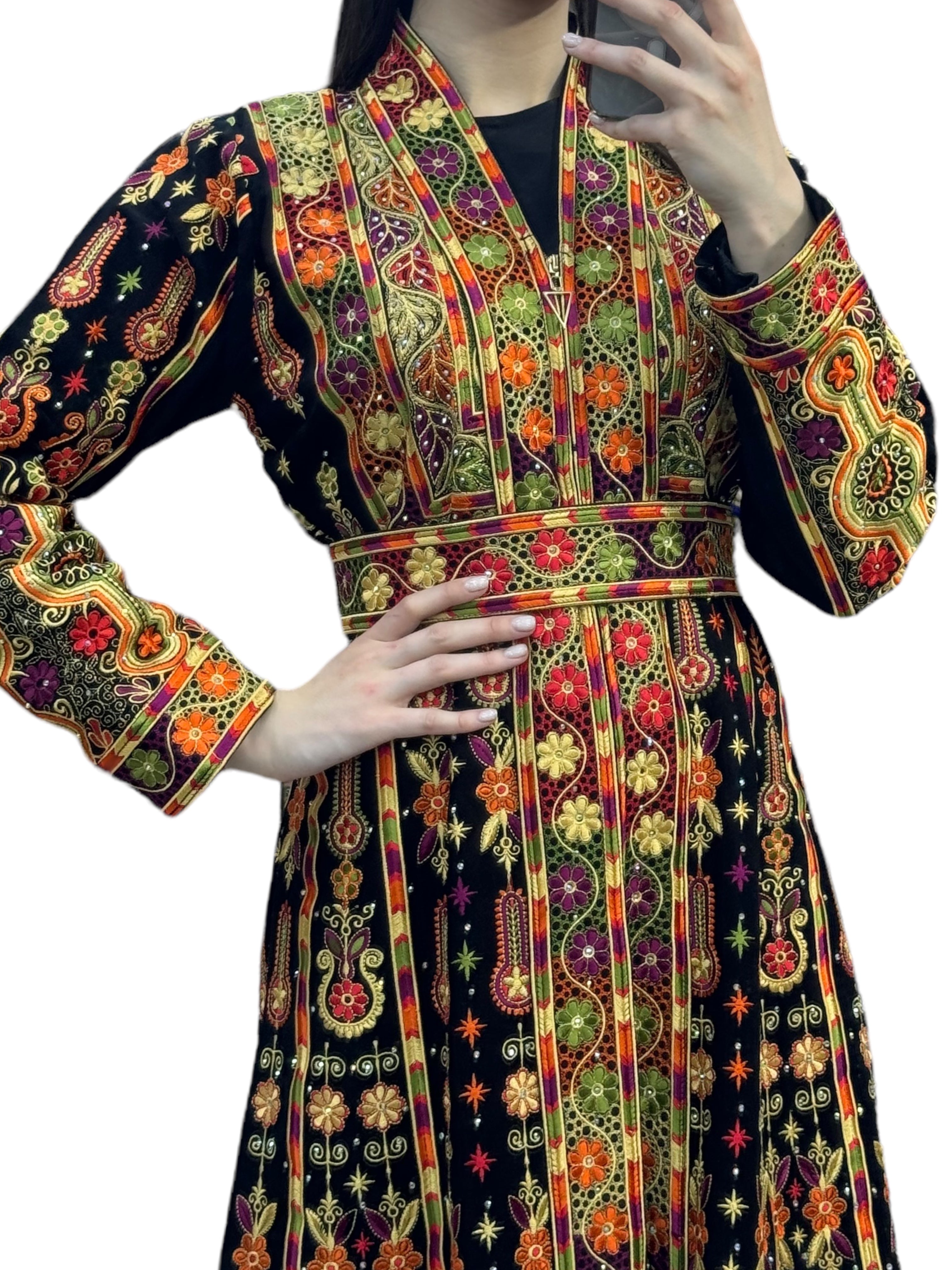 Multicolor Kafton Black With Orange Embroidered Palestinian Fellahi Thobe