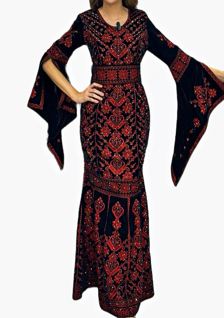 Luxury Mermaid Black/ Red Embroidery Velvet Thoub