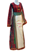 Load image into Gallery viewer, Majdalway Beige shade  Maroon Embroidered Palestinian Fellahi Thobe
