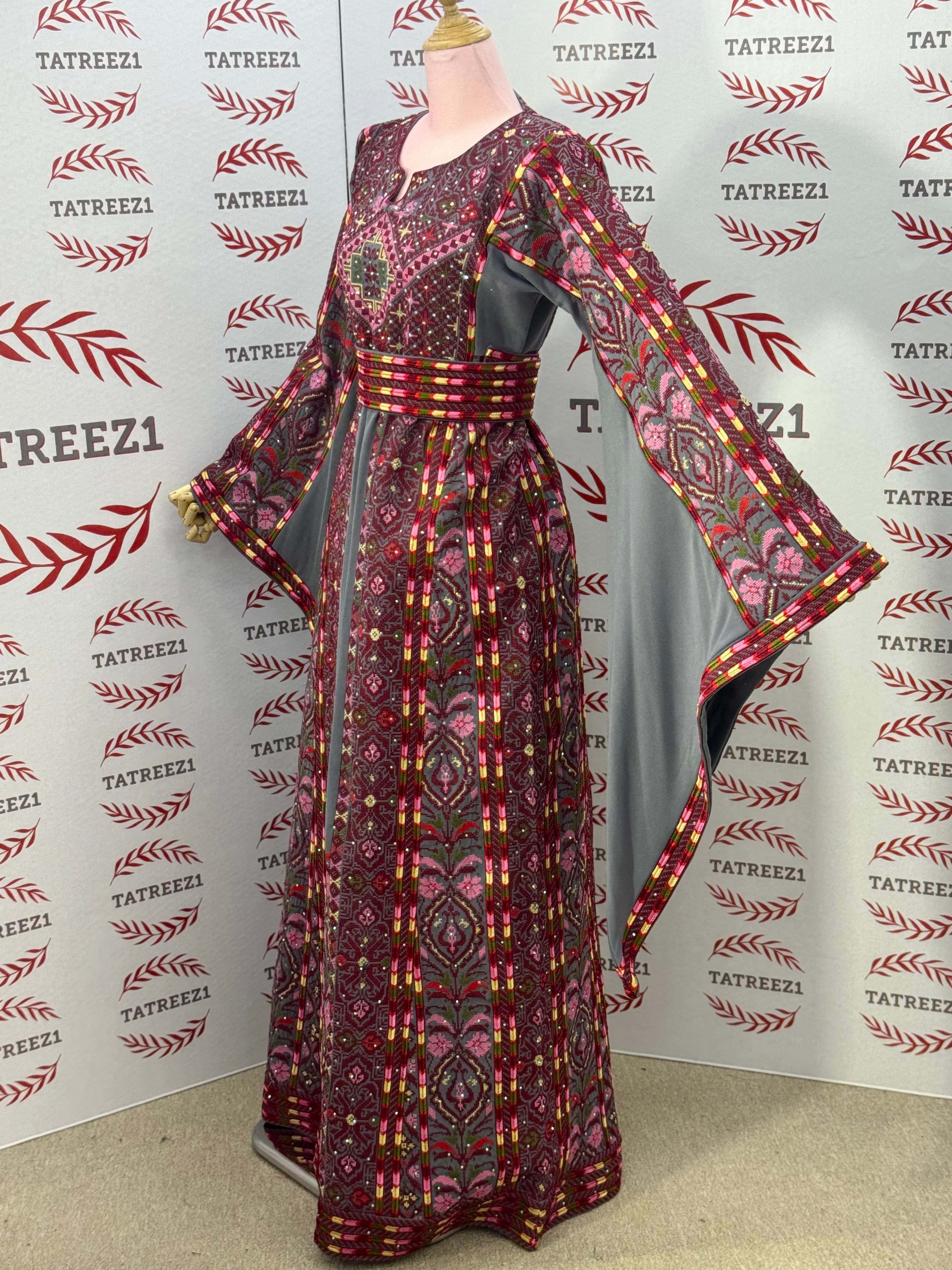 Gray Embroidered Palestinian Thobe with Matching Embroidered Belt