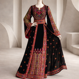 Black & Red Thoub with Stone Embroidery and Overskirt