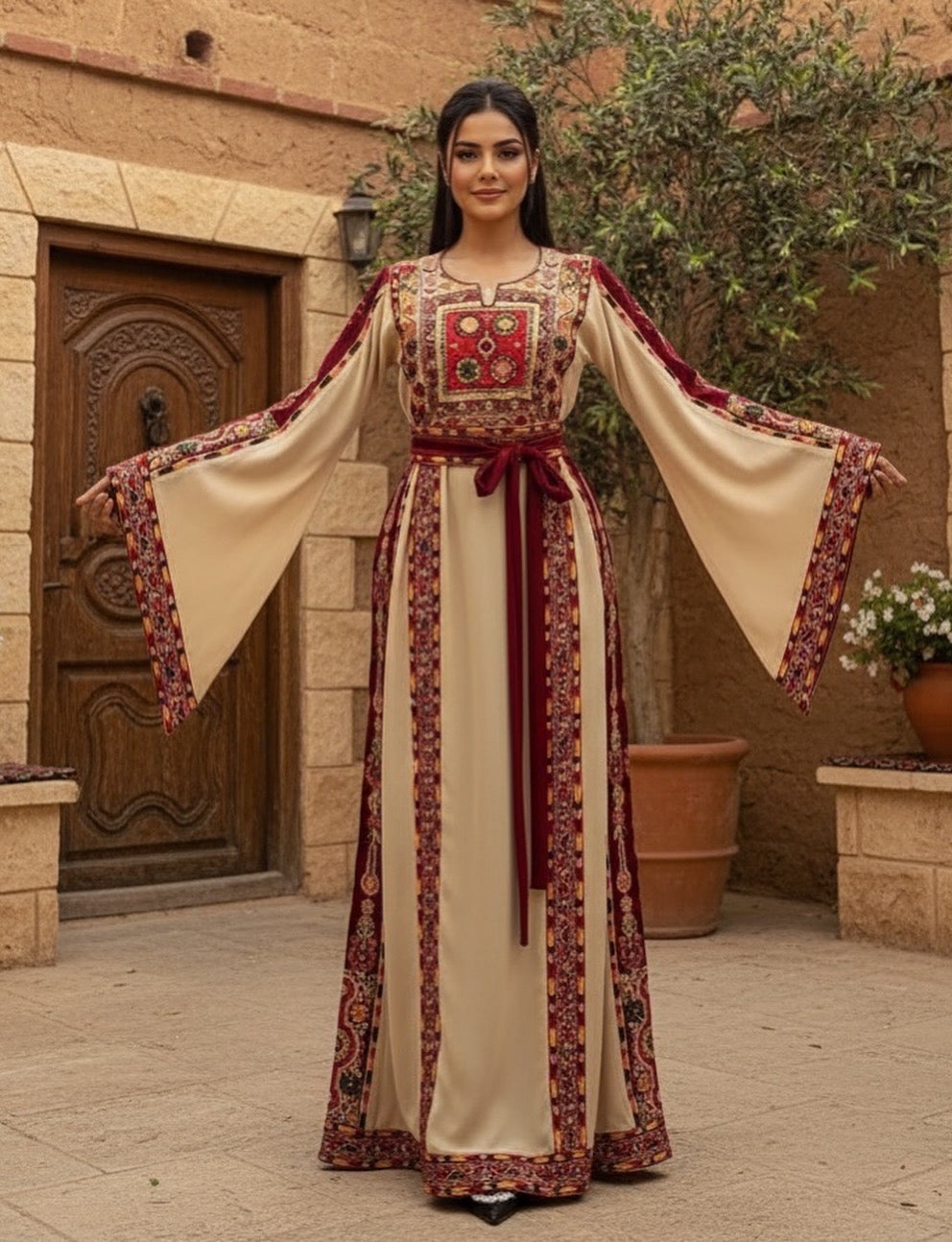 Traditional Beige A Simple Elegant Embroidered Dress