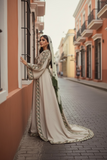 Green Embroidered Palestinian Fellahi Thobe With Matching Headpiece & overskirt