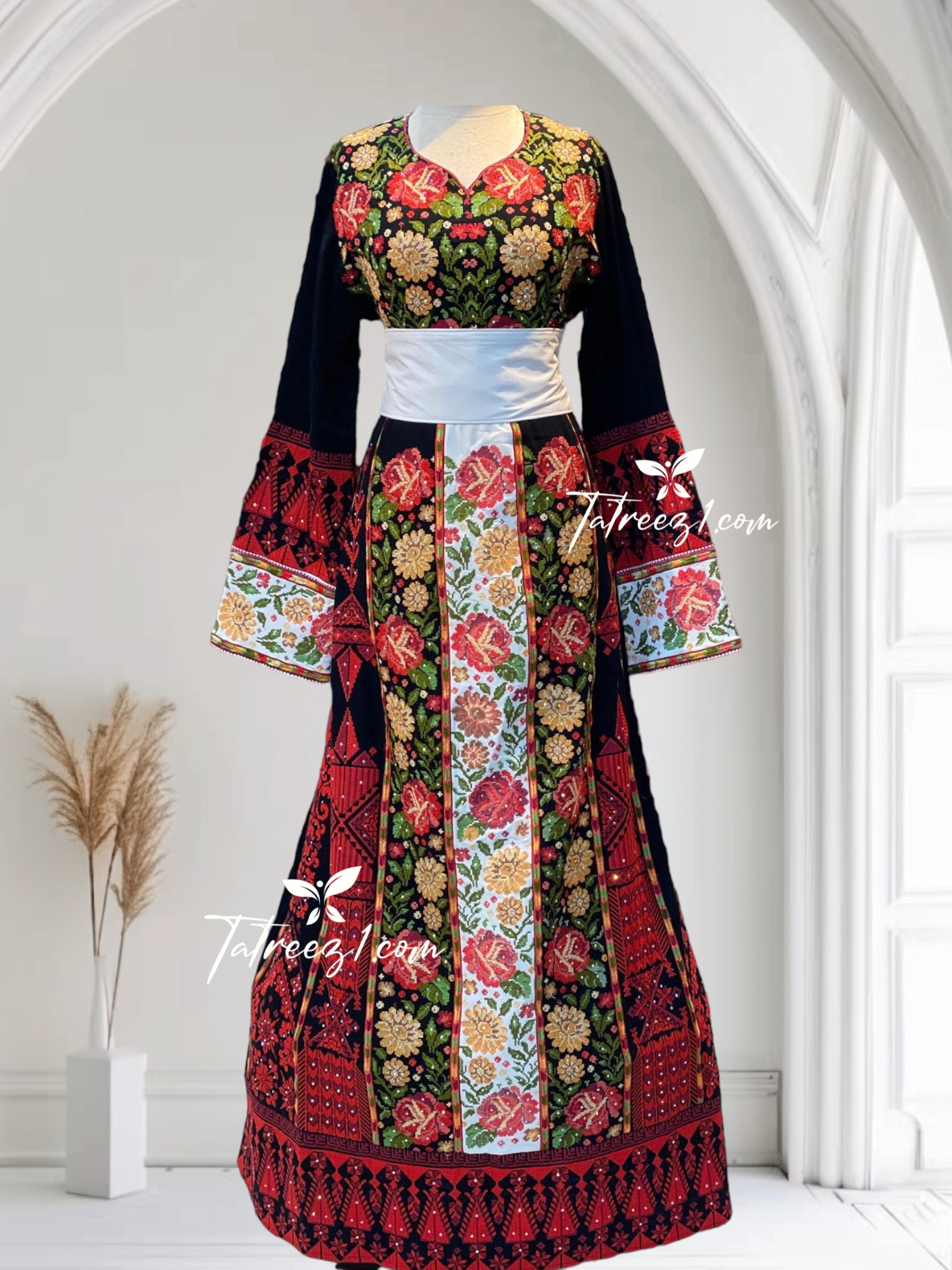 Beautiful Floral Black /Red Traditional Multicolored Embroidery Palestinian Thoub