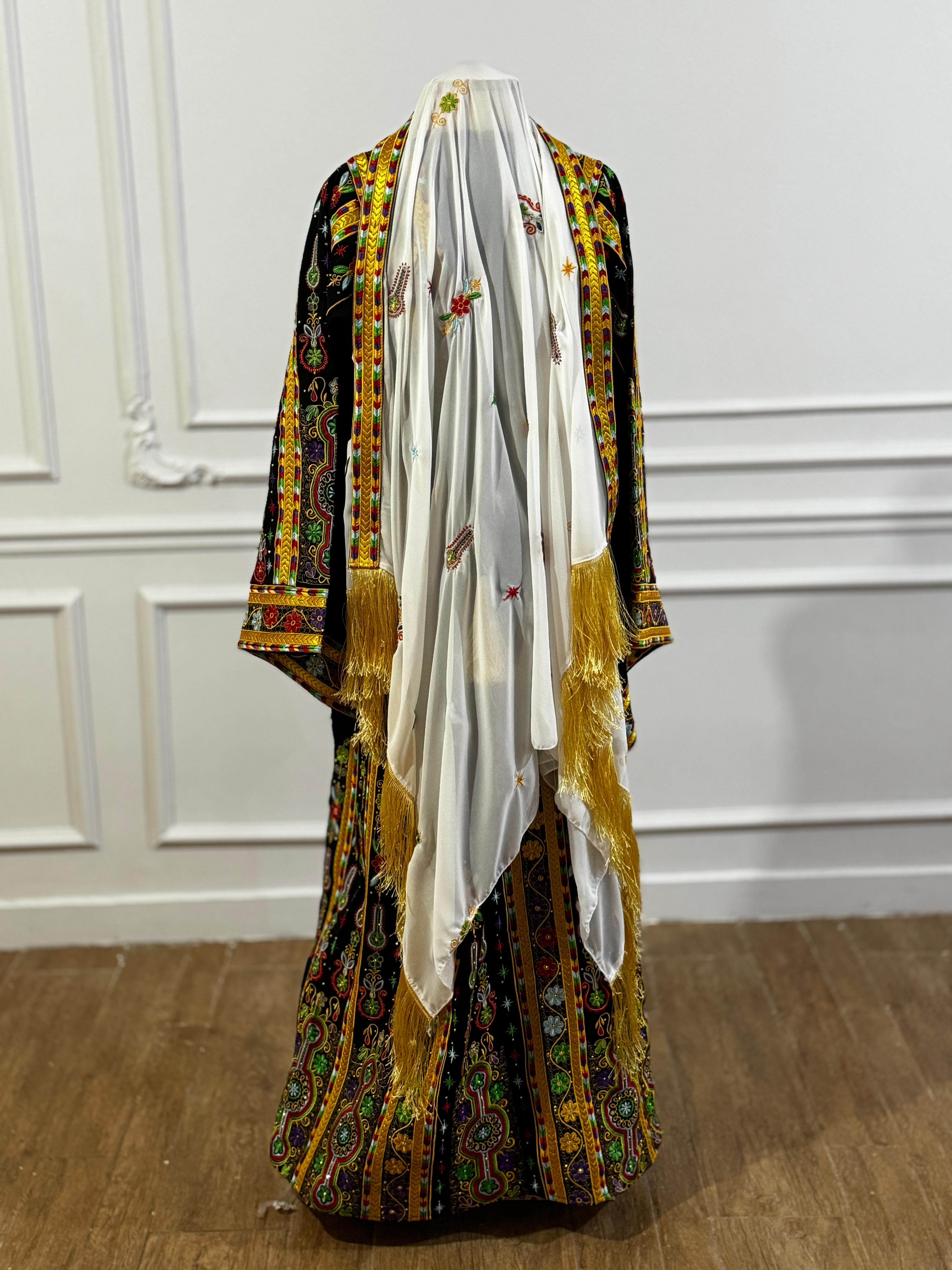 Traditional Palestinian Thobe – Royal Black Full Set with Headscarf