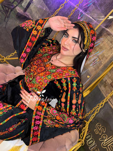 Black Silk Light Velvet Traditional Embroidered Thoub With Matching Headpiece