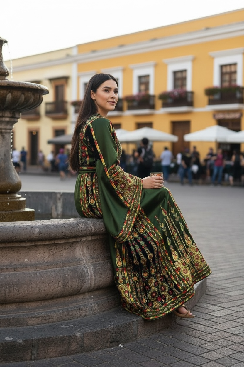 Luxurious Satin Thoub in Emerald Green