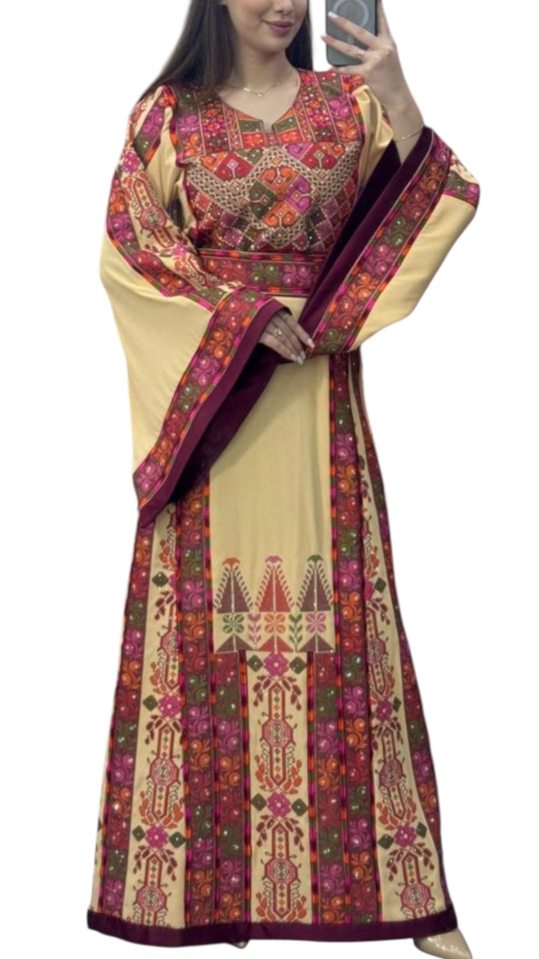 Beige Embroidery Traditional Palestinian Thobe Machine Made