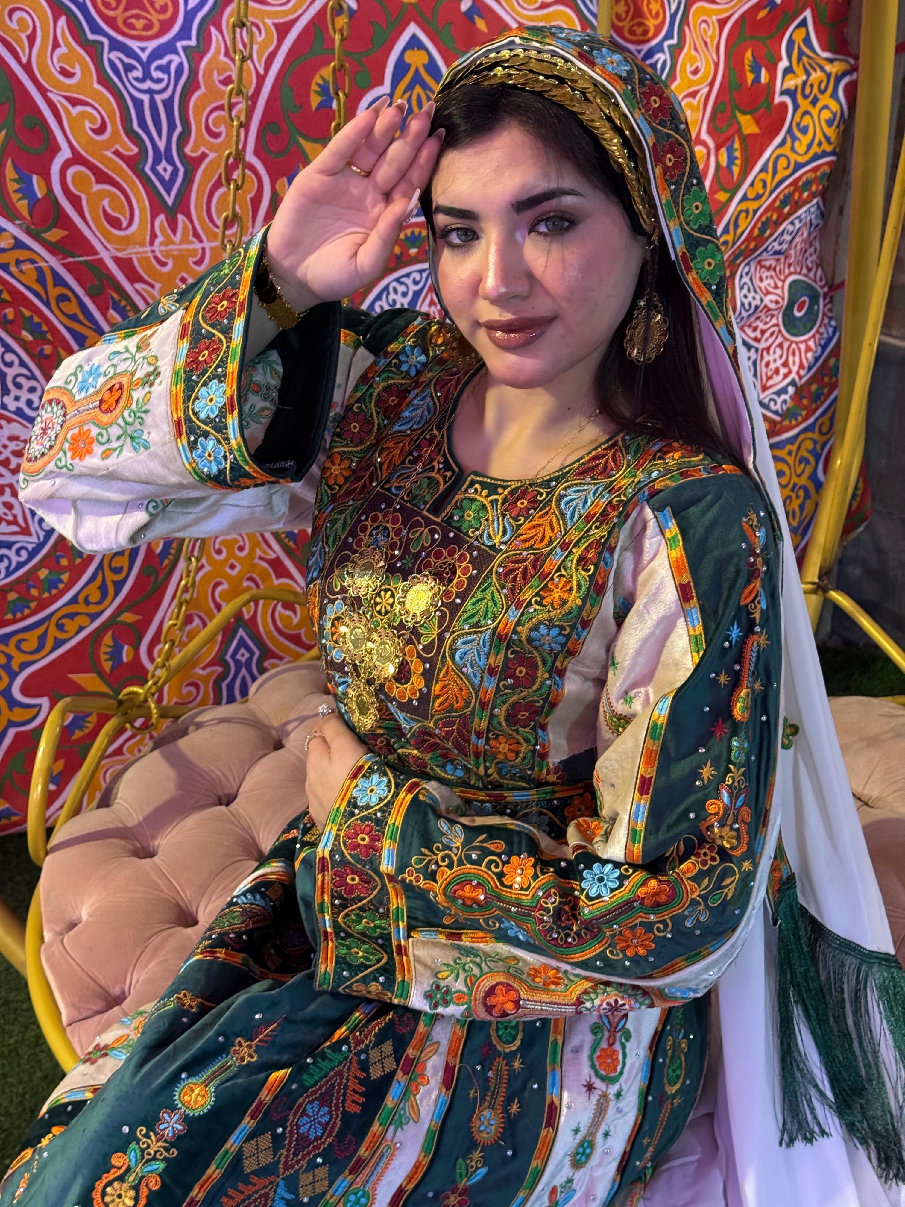 Malacca Velvet Material Green Stone Embroidery Thoub With Matching Headpiece