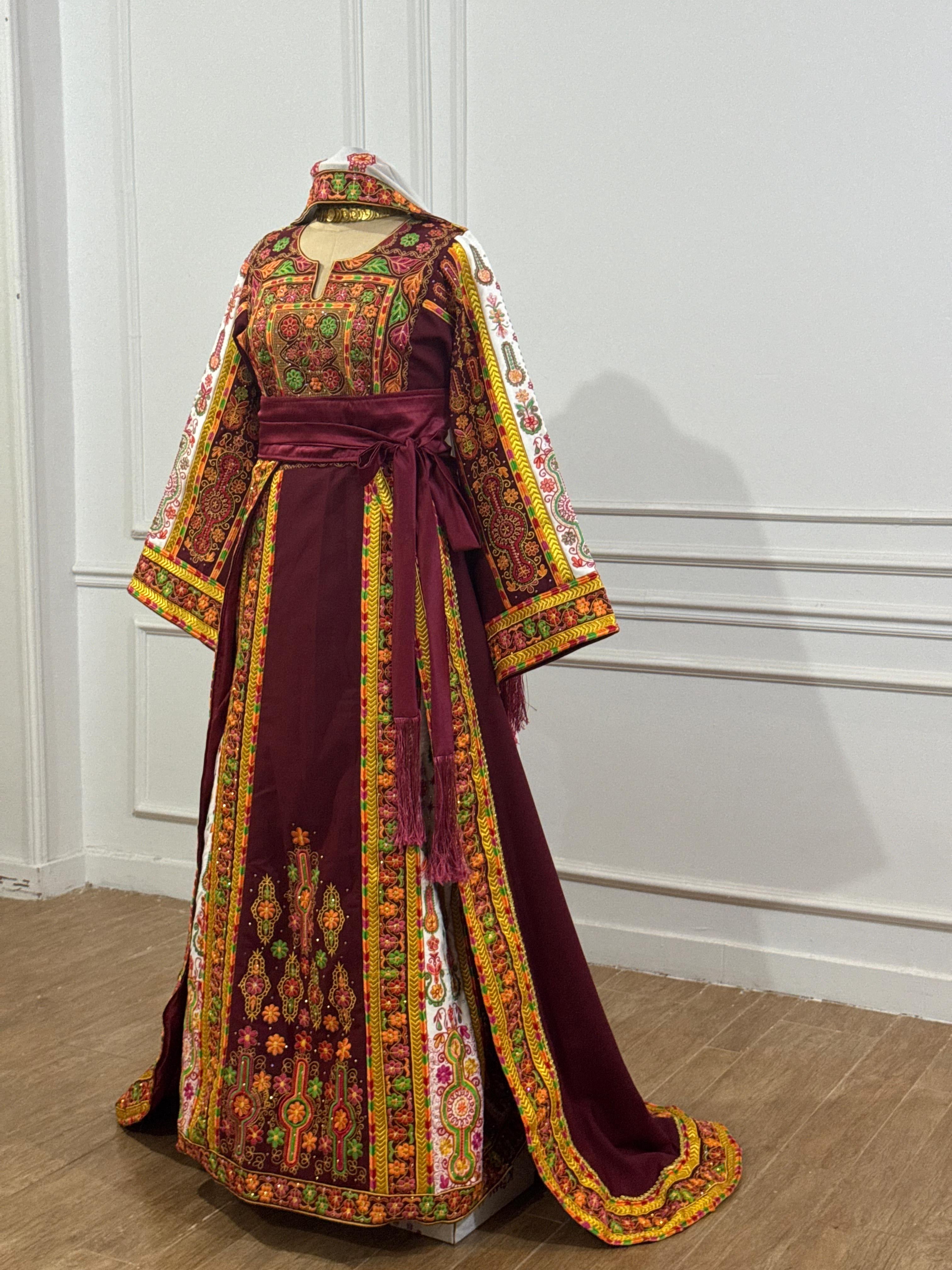 Burgundy Malacca Silk Thoub with Stone Embroidery and Overskirt