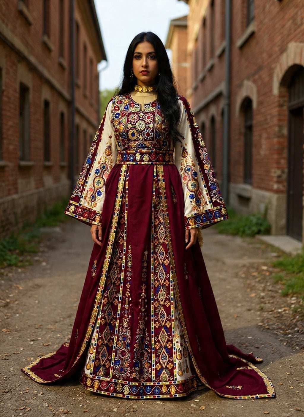 Maroon Malacca Silk Velvet Thoub with Stone Embroidery and Overskirt