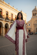 Load image into Gallery viewer, Wide Sleeve Thoub Red Embroidered Palestinian Thobe With Satin Belt
