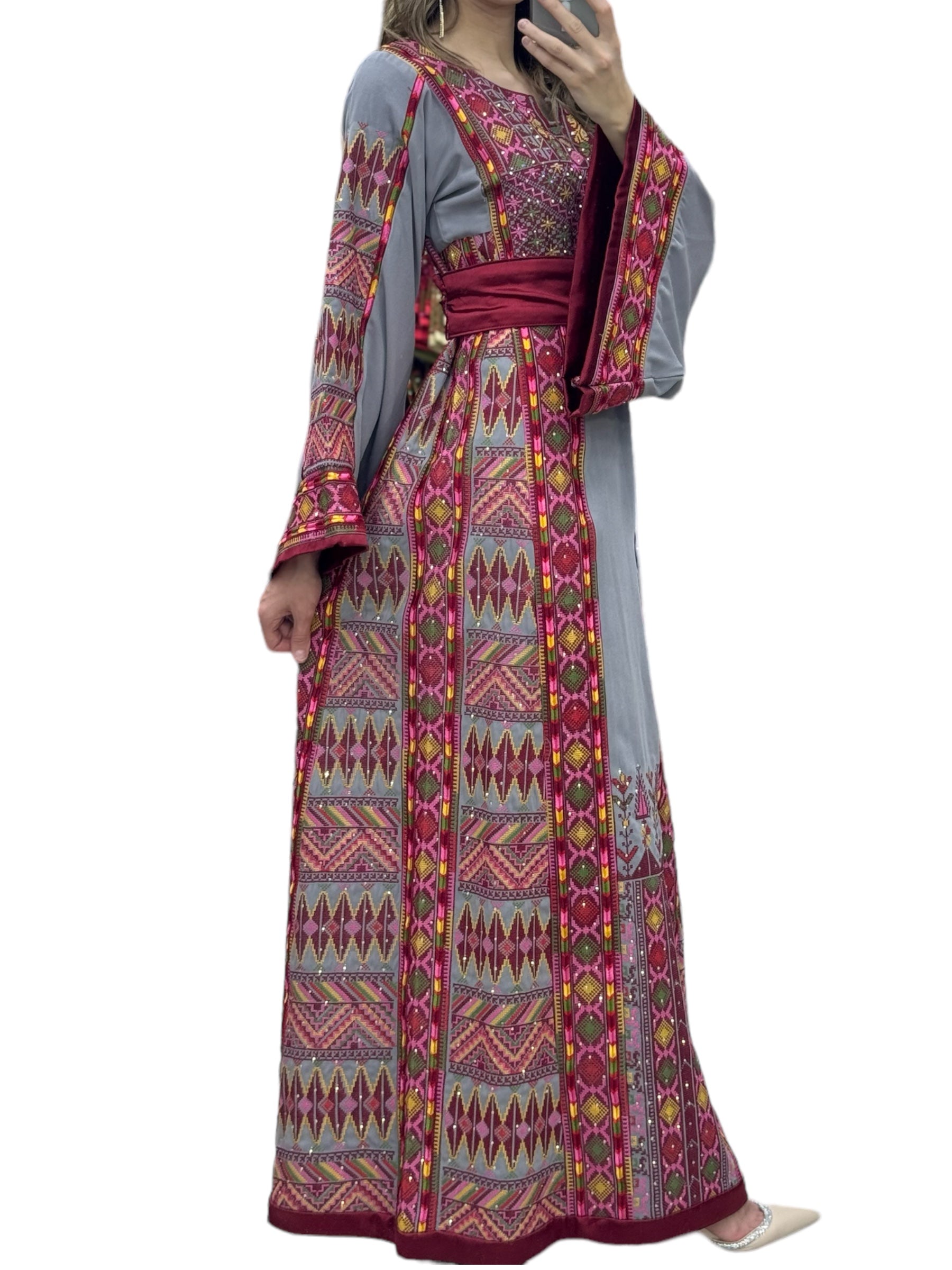 Gray Thobe Embroidered Palestinian With Embroidery Belt