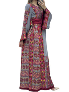 Gray Thobe Embroidered Palestinian With Embroidery Belt