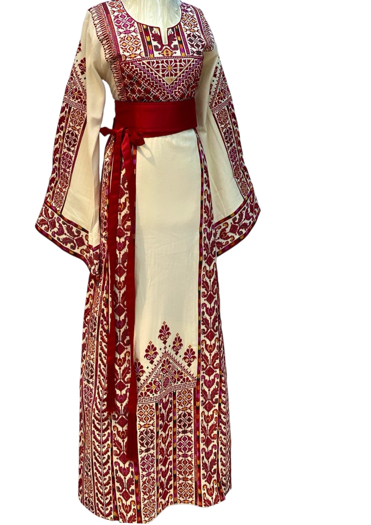 Etameen Beige Shade Traditional Maroon Embroidered Palestinian Fellahi Thobe