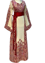 Load image into Gallery viewer, Etameen Beige Shade Traditional Maroon Embroidered Palestinian Fellahi Thobe
