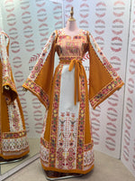 Load image into Gallery viewer, Yellow &amp; White  Palestinian Tatreez Thobe Heritage Elegance Embroidered Dress
