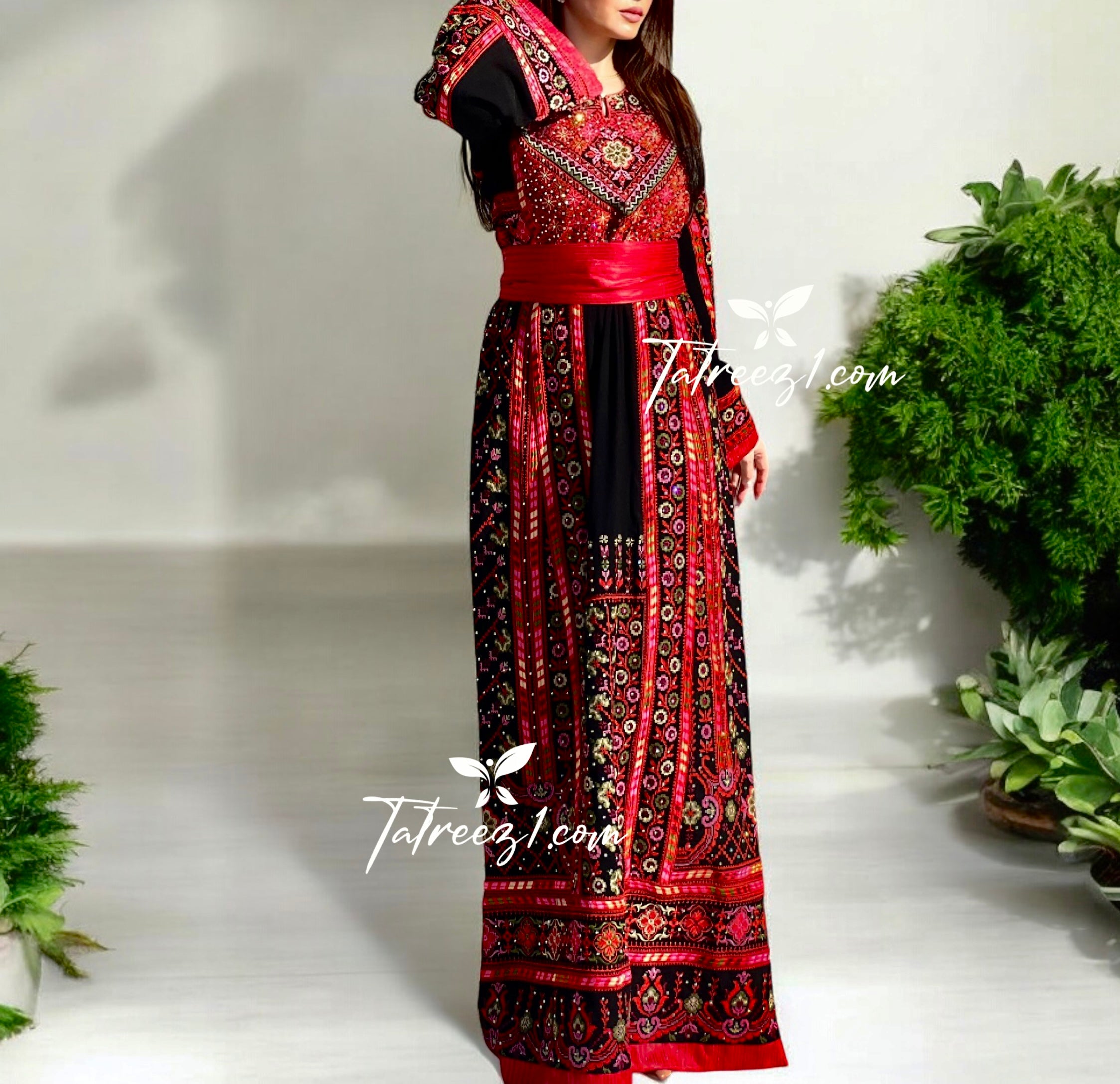 Red Traditional With Reversible Belt Embroidered Palestinian Fellahi Thobe