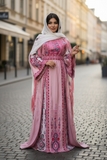 Elegant Pink Malacca Silk Velvet Thobe with Stone Embroidery, Matching Overskirt, and Headpiece